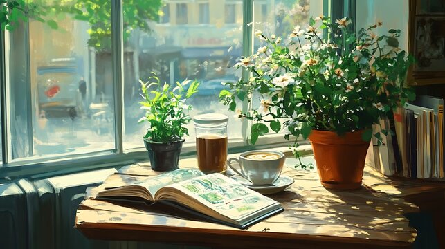 Sunny cafe window scene with coffee, book, and plants.