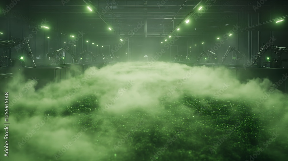 Poster a misty green fog envelops a futuristic industrial space, illuminated by bright lights, creating an 