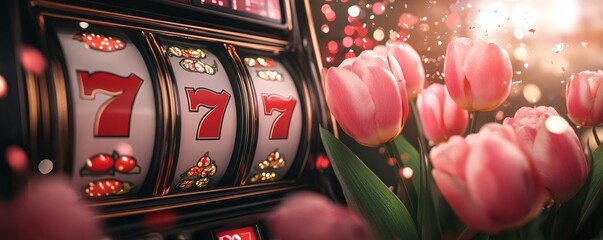 Slot machine showing 777 jackpot and pink tulips with falling confetti, celebrating a gambling win