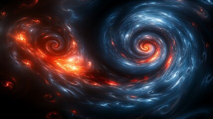 Abstract swirling cosmic nebula with fiery red and cool blue tones