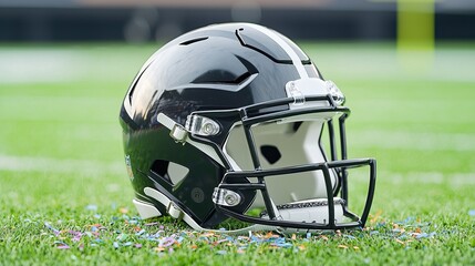 A sleek black football helmet rests on green grass, symbolizing the spirit of the game and readiness for action.
