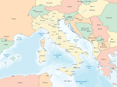 Detailed political map of Italy and its surrounding countries, featuring labeled cities, regions, and bodies of water.