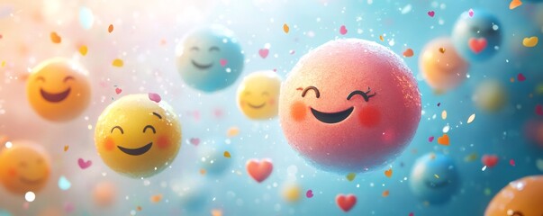 3d rendering of colorful emojis with hearts and confetti flying in the air, expressing happiness and celebration