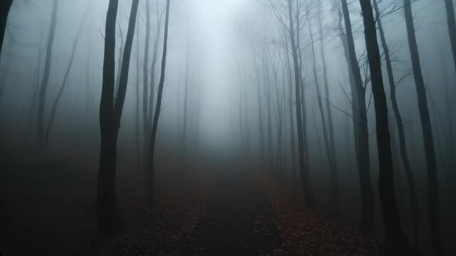 A dense forest shrouded in thick fog, creating an atmosphere of mystery and tranquility. Tall, bare trees line the path, their silhouettes disappearing into the mist