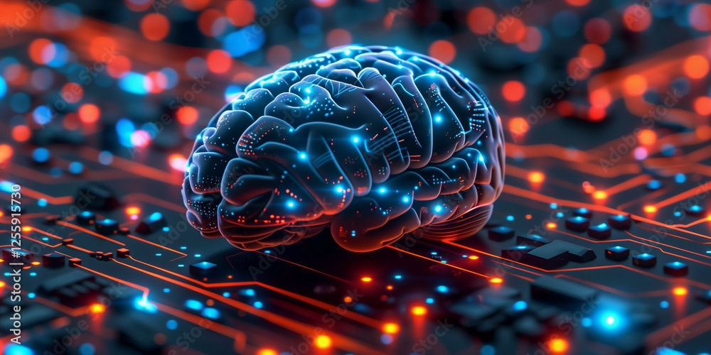 Wall mural stunning visualization of a cybernetic brain on a circuit board with glowing connections and futuris