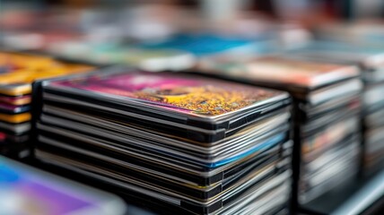 Stacks of colorful trading cards displayed on table