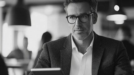 A person interacts with a digital interface, engaging with holographic elements and using advanced tools for data analysis. The scene emphasizes innovation and the potential of modern technology.