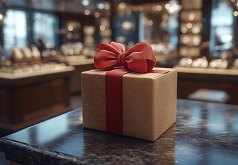 Elegant Gift Box with Red Ribbon on Dark Marble Near Jewelry Display