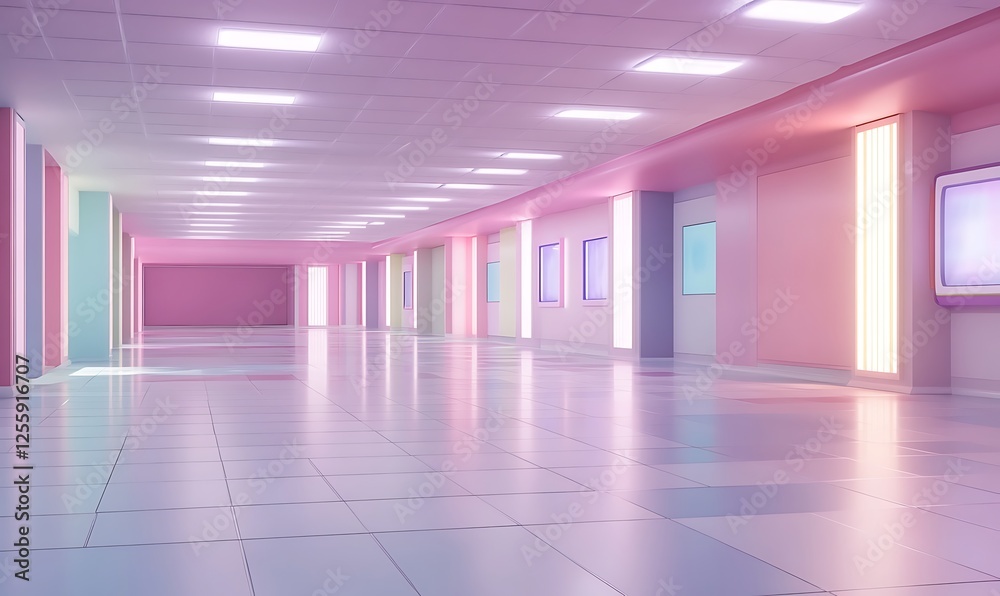 Poster a modern, pastel-colored hallway with illuminated walls and a glossy floor, creating a serene and fu