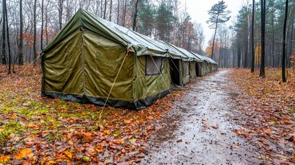 Military Tent Set Up in a Rainy Autumn Forest with Fallen Leaves on the Ground