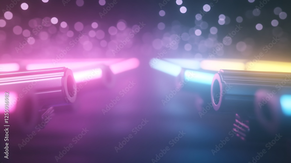 Poster a vibrant, futuristic scene featuring neon-lit gun barrels surrounded by a colorful haze, creating a