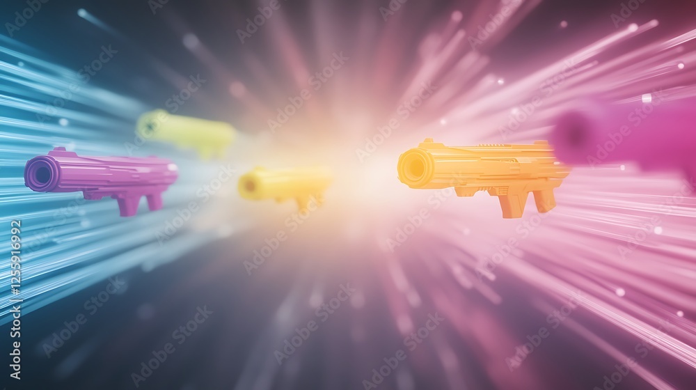 Poster a vibrant, abstract depiction of colorful toy guns emitting beams of light, suggesting a playful and
