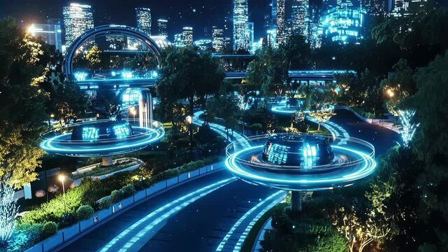 A glowing representation of aerial transportation systems with hovering transit pods navigating through an illuminated urban environment filled with lush parks.