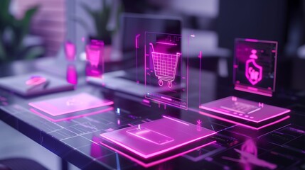 A futuristic co-working space where professionals interact with floating AR holograms of e-commerce data, financial statements, and cybersecurity shields.