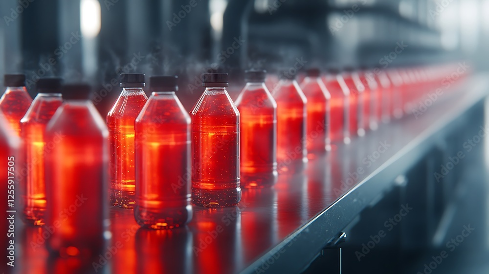 Poster A row of transparent bottles filled with a vibrant red liquid on a production line, reflecting a high-tech manufacturing environment.