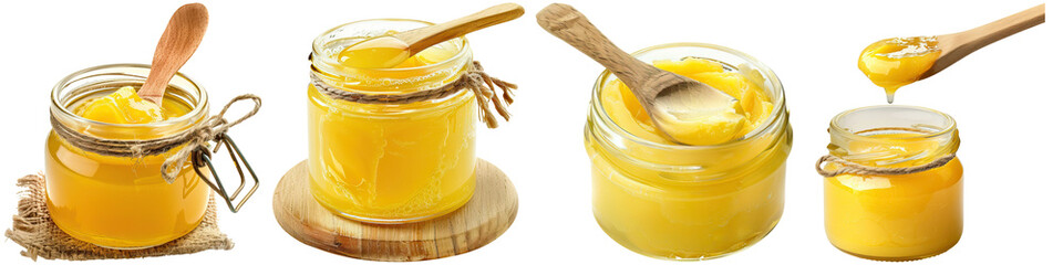 Four jars of ghee with wooden spoons, showcasing different sizes and textures of the sweet, golden substance.