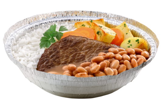 marmita com arroz, feijão, carne bovina e legumes grelhados isolado em fundo transparente