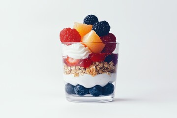 Delicious fruit and yogurt bowl with berries and granola natural light side angle beautifully arranged for food photography