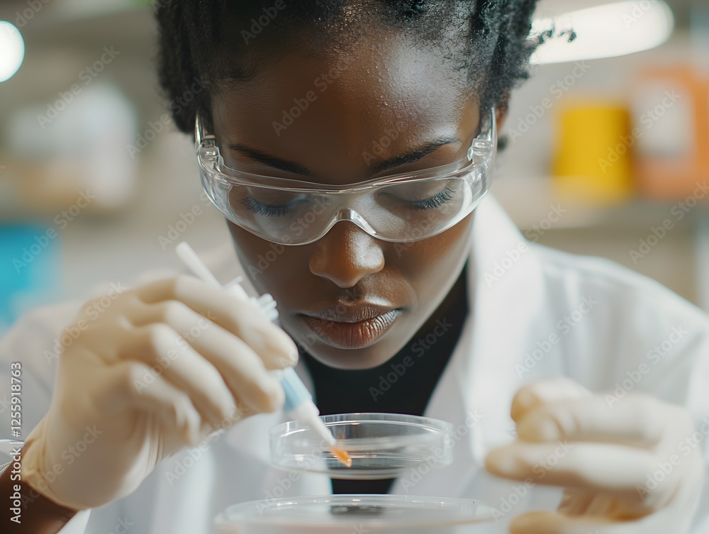 Poster scientist analyzing sample in laboratory with precision equipment