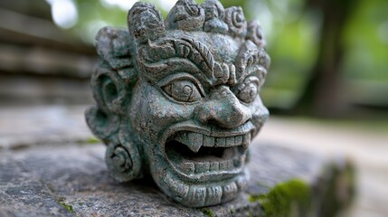 Ancient stone gargoyle head in garden setting. Potential use for travel, history, or artistic stock photography