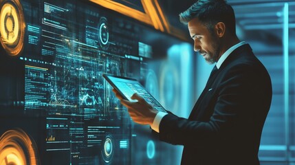 A person interacts with a digital interface, engaging with holographic elements and using advanced tools for data analysis. The scene emphasizes innovation and the potential of modern technology.