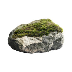 A detailed shot of a grey rock or stone covered with vibrant green moss against a transparent background.