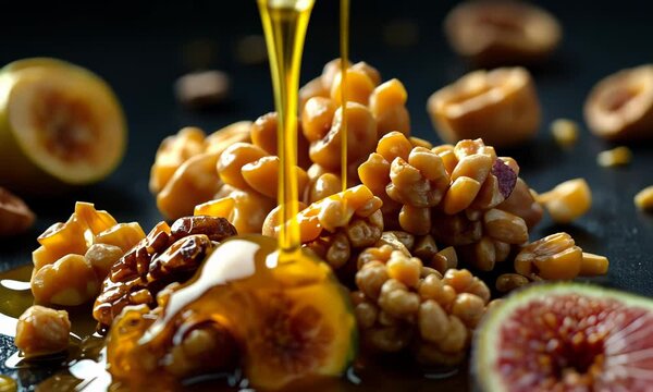 Luxurious drizzle: honey pouring over nuts and fresh figs in slow motion