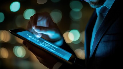 A person interacts with a digital interface, engaging with holographic elements and using advanced tools for data analysis. The scene emphasizes innovation and the potential of modern technology.