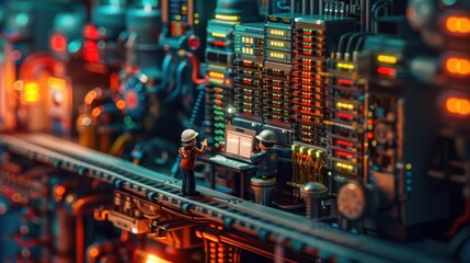 Obraz premium Miniature scene depicting workers interacting with a complex network of machinery and technology.