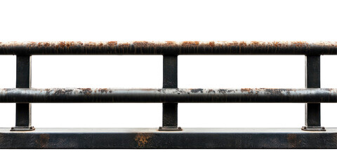 The image features a close-up of a rusted metal railing, showcasing signs of aging and corrosion, with a weathered texture.