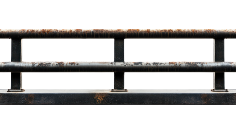 The image features a close-up of a rusted metal railing, showcasing signs of aging and corrosion, with a weathered texture.