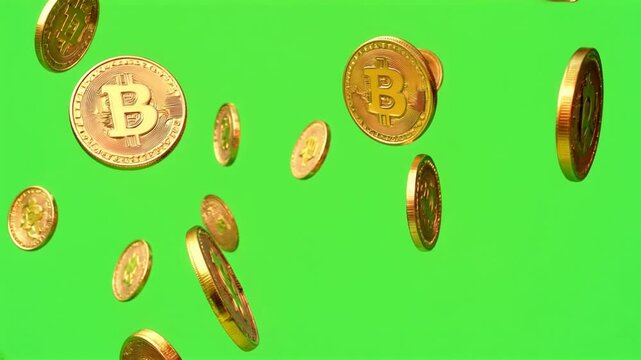 Monedas de oro bitcoin cayendo y girando lentamente con movimiento cinematogr&aacute;fico, en fondo pantalla verde