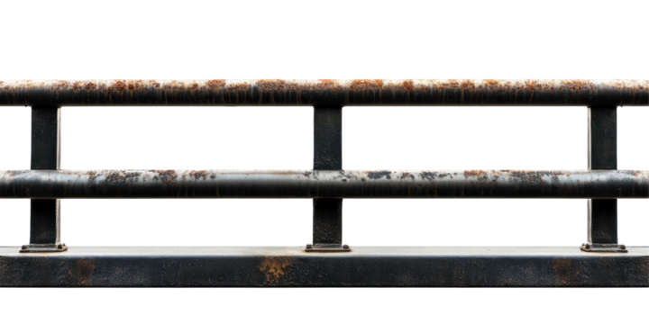 The image features a close-up of a rusted metal railing, showcasing signs of aging and corrosion, with a weathered texture.