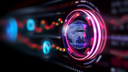 A high-tech AR interface displaying global trade symbols, online payment security, and business networking connections in a digital workspace.