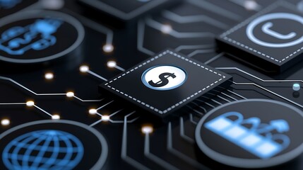 A high-tech AR interface displaying global trade symbols, online payment security, and business networking connections in a digital workspace.