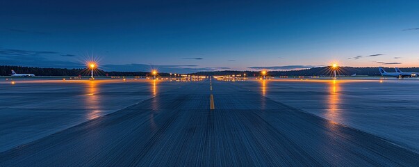 Tarmac airport runway, serene airport runway at dusk with glowing lights and clear sky.