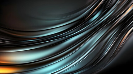 Abstract waves, dark metallic material with orange and blue reflections for backgrounds and art