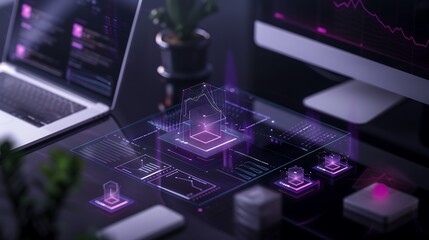 A high-tech office with digital business reports, cryptocurrency market trends, and blockchain security symbols appearing as floating AR holograms.