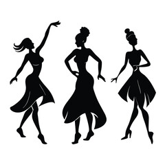 Graceful Female Dance Silhouettes: Elegant Poses in Flowing Dresses with Retro and Modern Dance Styles