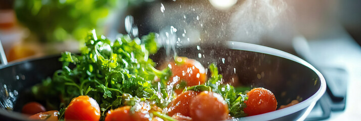Water Rinsing Cherry Tomatoes and Parsley in a Skillet