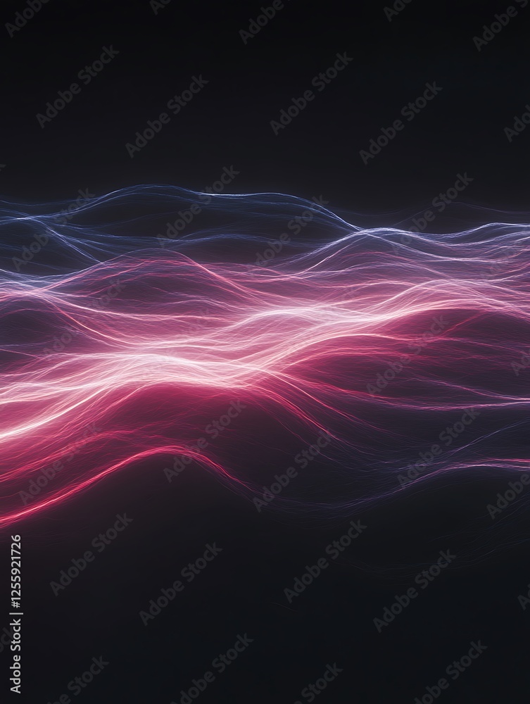 Poster A vibrant display of flowing light waves in shades of pink and blue against a dark background, creating a mesmerizing and dynamic visual effect.