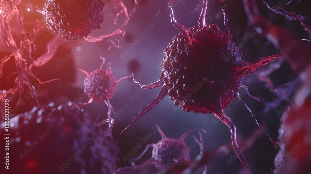 Poster Microscopic close up view of a vibrant red and purple colored viral cell structure showcasing the intricate and abstract patterns and textures found within the complex biological system