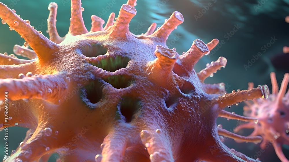 Aufkleber microscopic and detailed of the structural makeup of a coronavirus pathogen on a blurred abstract ba