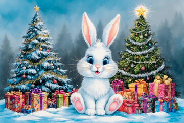 watercolor painting that showcases a snowy landscape, adorable, cartoon-style fluffy Christmas bunny, Christmas tree. Holiday theme perfect for Christmas cheer and postcard