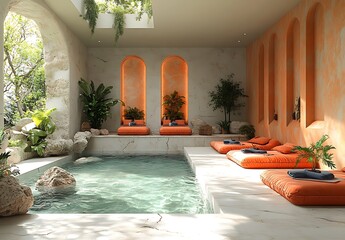 Serene Indoor Spa with Pool, Orange Cushions, and Lush Greenery