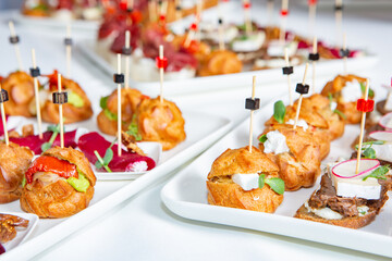 Catering buffet or service with different snacks, appetizers and canapes on a table. Variety of...