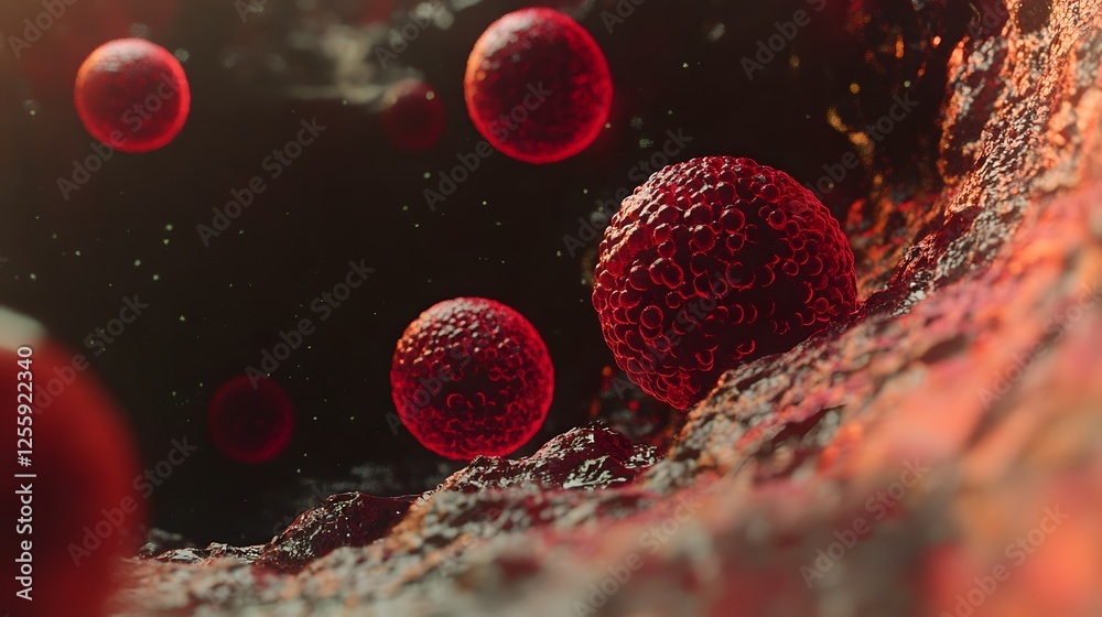 Poster microscopic cluster of vibrant red pathogenic cells or viruses causing a contagious disease outbreak