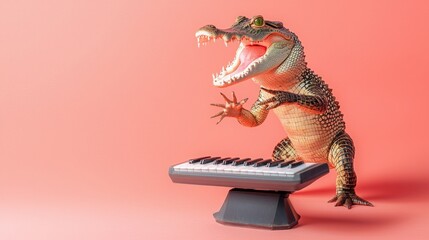 Crocodile Playing Keyboard with Energetic Expression in Colorful Background