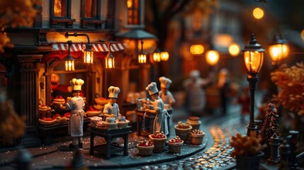 A charming street scene with bakers and warm lights, evoking a cozy atmosphere.