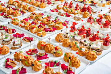 Fototapeta premium Catering buffet or service with different snacks, appetizers and canapes on a table. Variety of Freshly Prepared Catering Food for an Event.